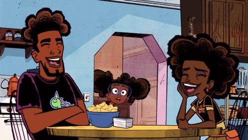 a cartoon drawing of a man and two girls with one wearing a shirt that says life fc