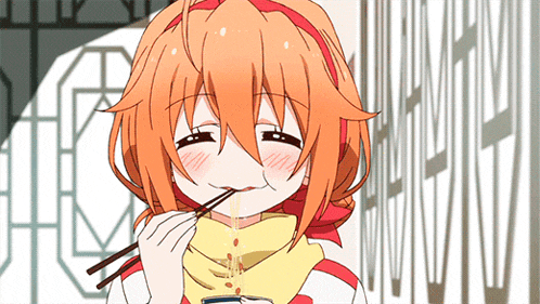 a girl is eating noodles with chopsticks and smiling