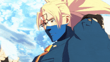 a cartoon character with a blue mask on his face