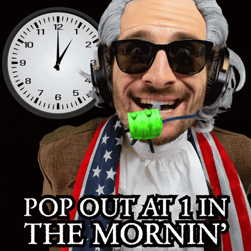 a man wearing sunglasses and headphones with the words pop out at 1 in the mornin