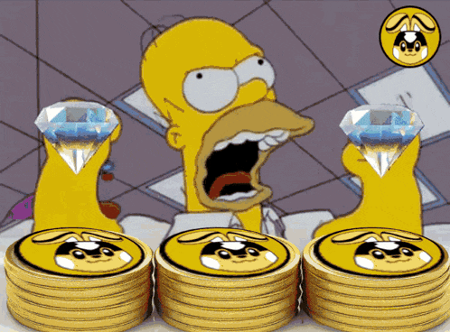 a cartoon of homer simpson holding a diamond surrounded by stacks of gold coins