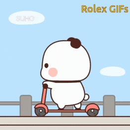 a cartoon of a bear riding a scooter with rolex gifs on the bottom right