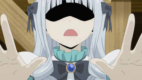 a girl with white hair is wearing a black blindfold