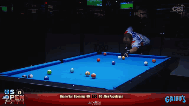a pool table with us open written on the top