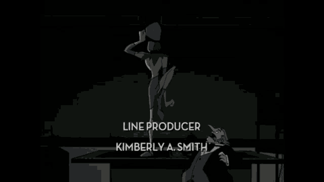 a cartoon of a man and a woman with the line producer kimberly a. smith on the bottom