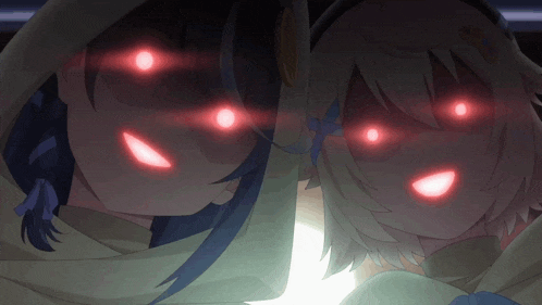 a couple of anime characters with red eyes looking at the camera
