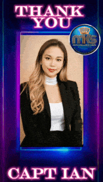 a woman in a suit is on a thank you card for captain