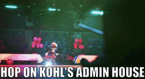 a picture of a stage with the words hop on kohl 's admin house on it