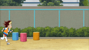 a cartoon character is running in front of a wall
