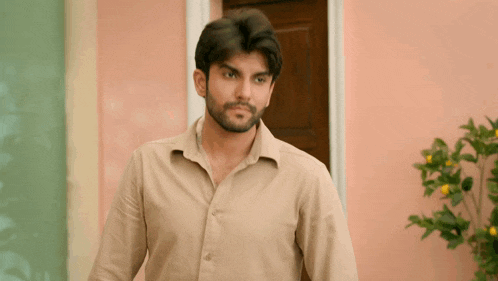 a man in a tan shirt stands in front of a door