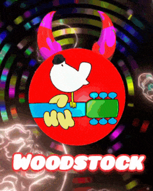 a red circle with snoopy on it and the words woodstock below it