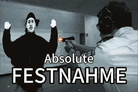 a man is pointing a gun at another man with the words " absolute festnahme " below him