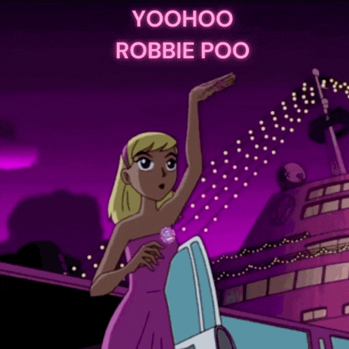 a cartoon of a woman in a pink dress with the words yoohoo robbie poo written above her