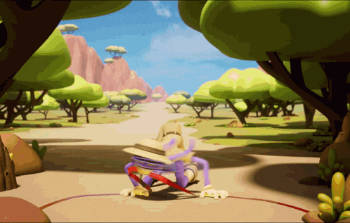 a cartoon character in a cowboy hat is walking down a dirt road surrounded by trees