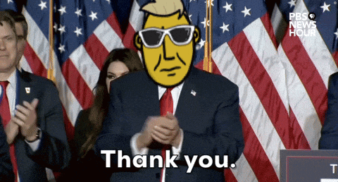 a cartoon of donald trump applauding with the words thank you below him