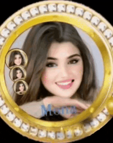 a close up of a woman 's face in a gold frame