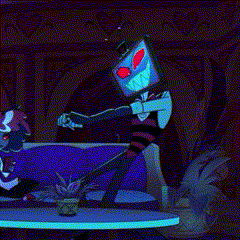 a cartoon character with a television on his head is standing next to a couch .