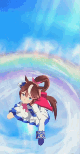 a girl in a white dress is jumping in the air with a rainbow in the background
