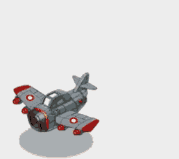 a cartoon airplane with red wheels is flying in the sky