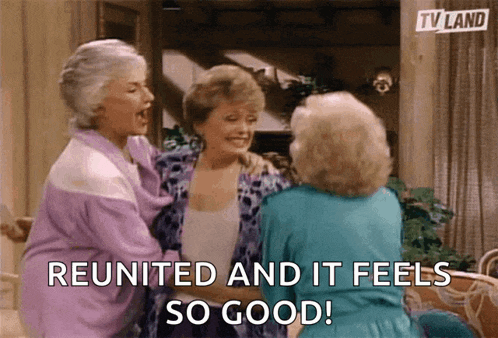 three older women are standing next to each other with the words " reunited and it feels so good "