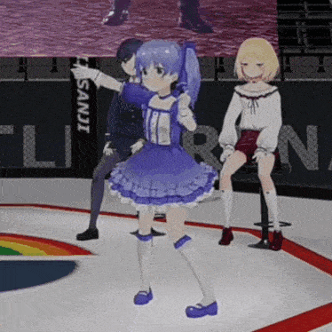 a girl in a blue dress stands in front of a sign that says ' sanji '