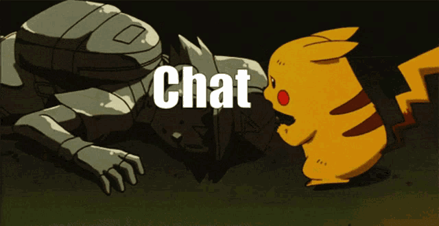 a cartoon drawing of a robot and a pikachu with the word chat on the bottom