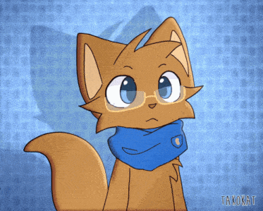 a drawing of a cat with glasses and a blue scarf has the name takokat on the bottom