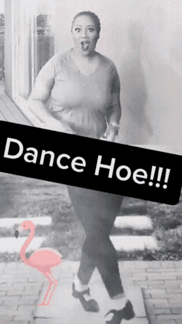 a black and white photo of a woman dancing with a flamingo in the background