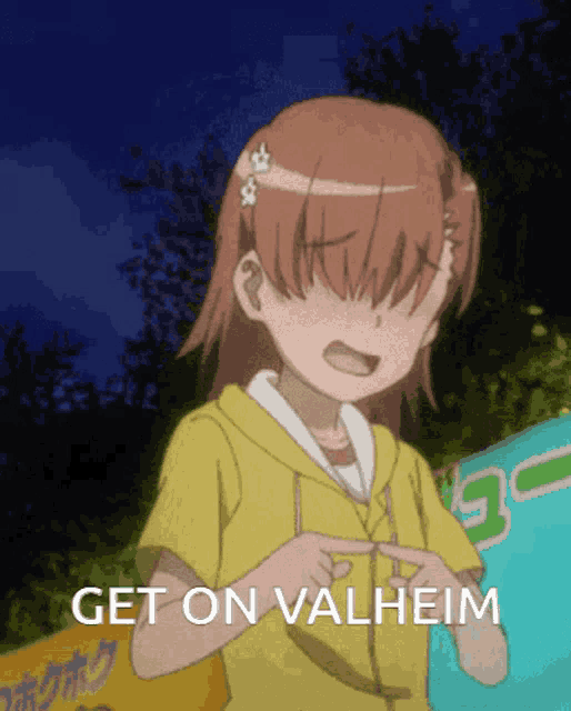 a girl in a yellow shirt points to the word get on valheim