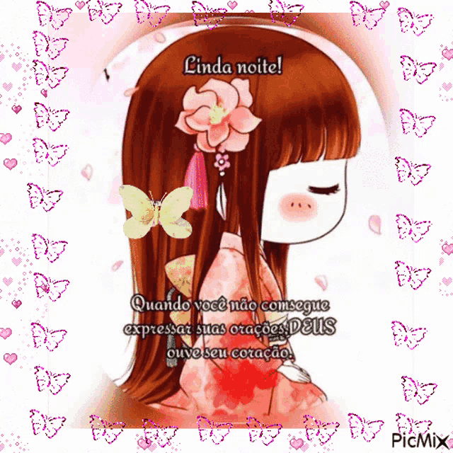 a picture of a girl with a flower in her hair is surrounded by butterflies and hearts