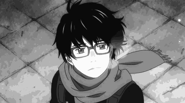 a black and white drawing of a boy wearing glasses and scarf