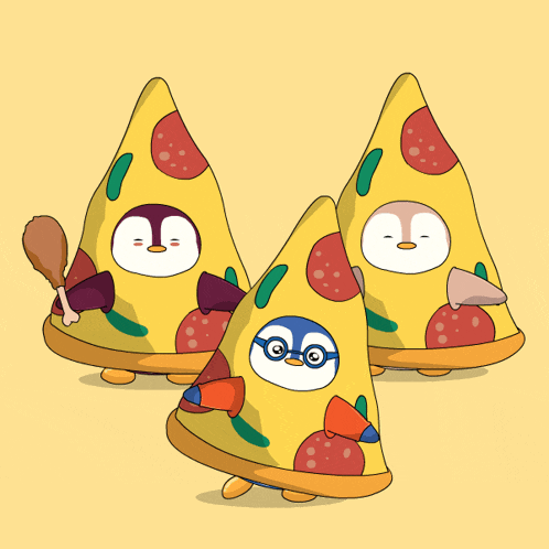 three penguins dressed as pizza slices are standing next to each other on a yellow background
