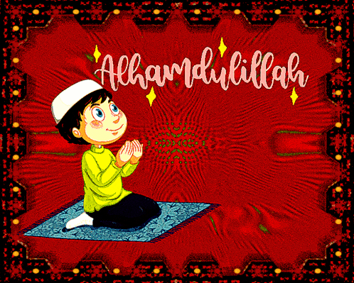 a cartoon boy is kneeling on a rug and praying with the words alhamdulillah behind him