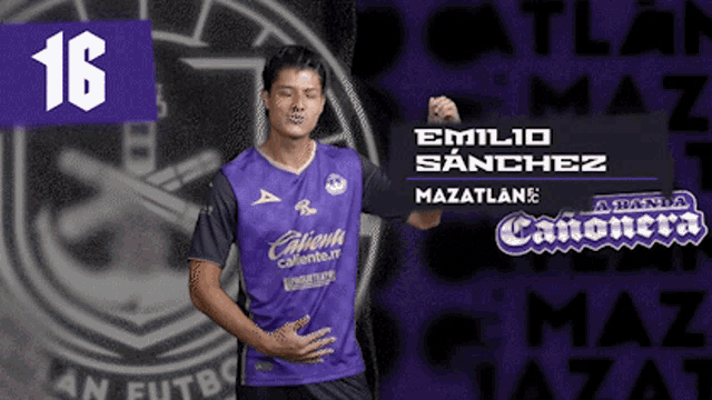 a man in a purple shirt is holding a sign that says emilio sanchez mazatlan