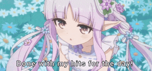 a girl with purple hair and flowers on her head says done with my hits for the day