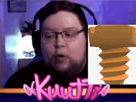 a man wearing glasses and headphones is behind a picture of a screw and the words " kuutti "