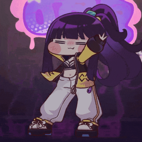 a cartoon drawing of a girl with purple hair and a ponytail
