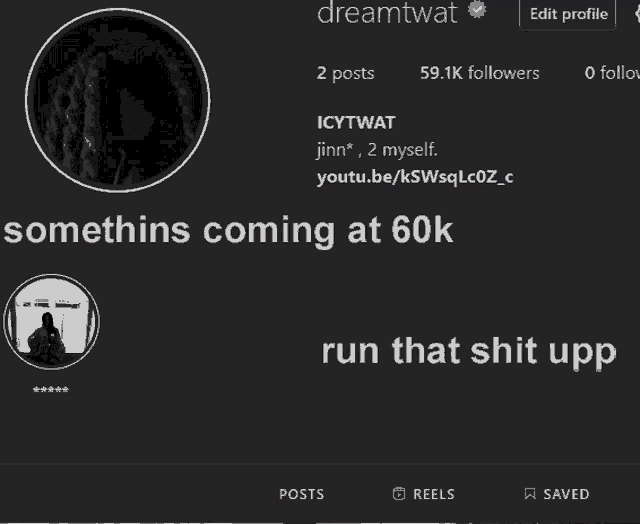 a screenshot of a person 's profile with the words " somethings coming at 60k run that shit upp " at the bottom