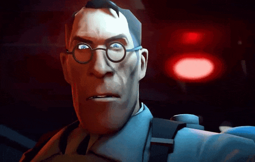 a close up of a cartoon character with glasses and a red light in the background