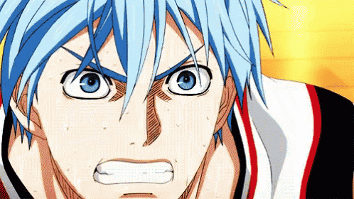 a close up of a person 's face with blue hair and big blue eyes