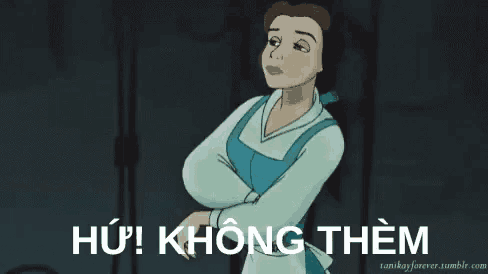 a cartoon of belle from beauty and the beast with her arms crossed and a caption that says hu !khong them