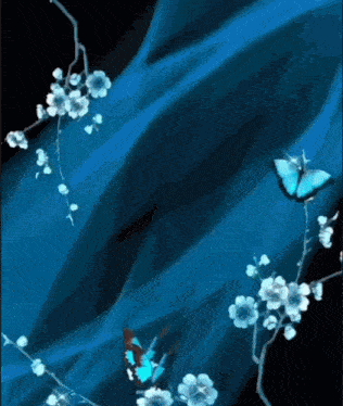 a blue background with white flowers and butterflies flying around