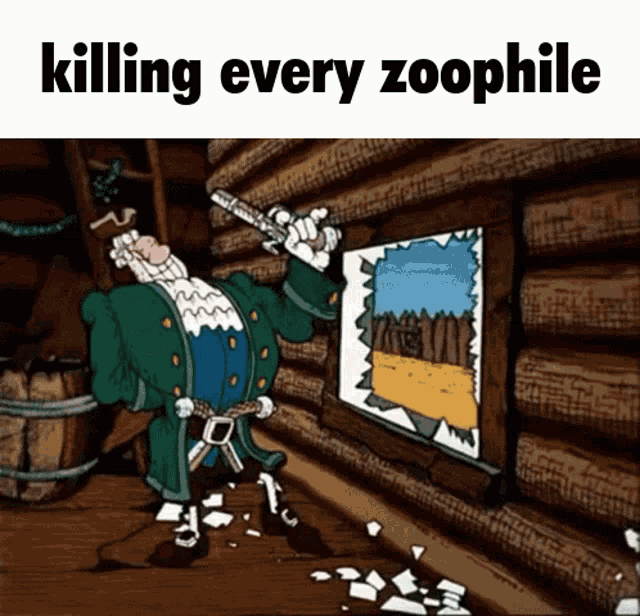 a cartoon of a man holding a gun in front of a picture that says " killing every zoophile "