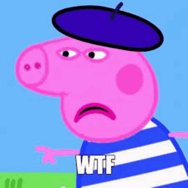 a cartoon pig wearing a beret and a striped shirt is making a funny face .