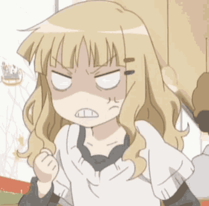 a cartoon girl with blonde hair is making a funny face