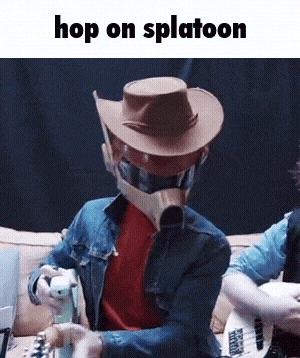 a man wearing a gas mask and a cowboy hat playing a guitar with the words hop on splatoon above him