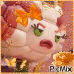 a picture of a stuffed animal with a bow and the words picmix on the bottom right