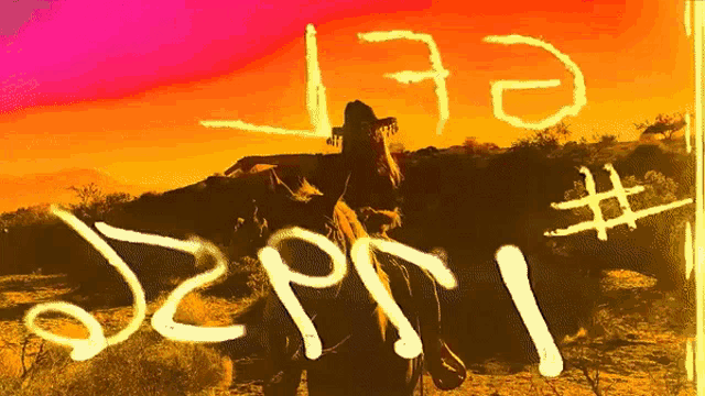a painting of a man riding a horse with the word jzpr1 written on the ground
