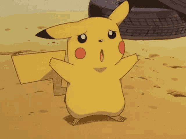 a cartoon pikachu is standing in the sand with its mouth open