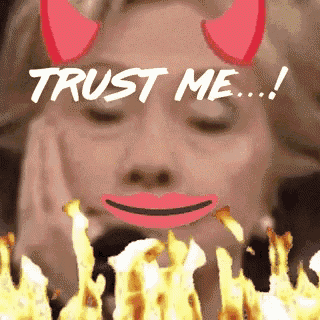a woman with devil horns on her head and the words trust me written above her